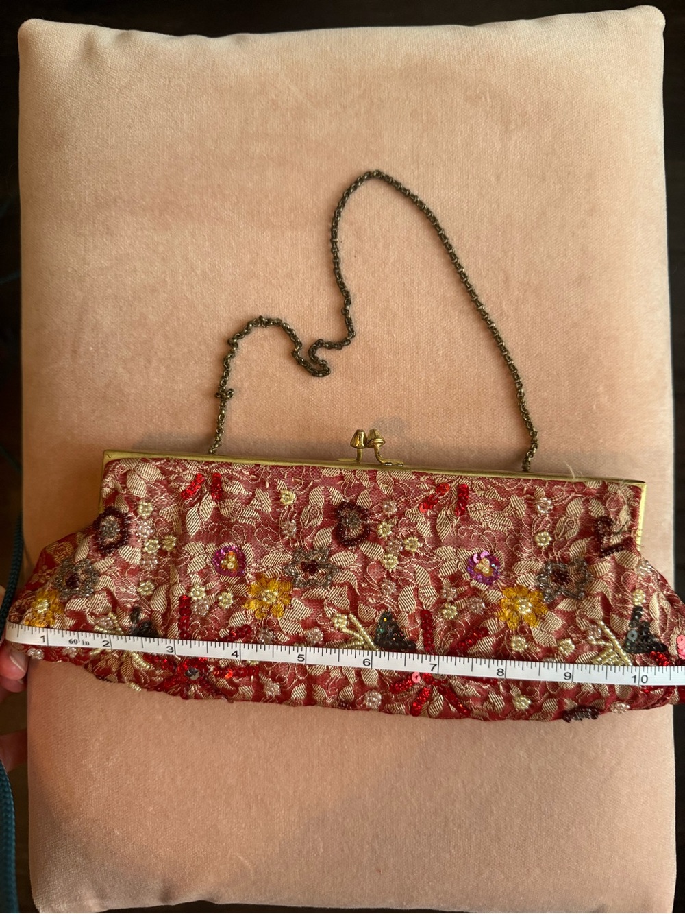 Vintage Beaded Floral Brocade Evening Clutch Purse Kiss Lock Chain Strap Red Pin - Picture 5 of 8